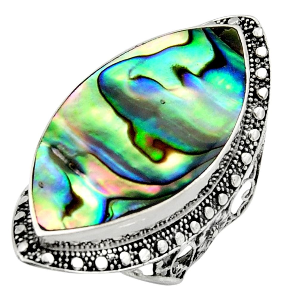 14.88cts natural abalone paua seashell 925 silver solitaire ring size 7.5 c9819