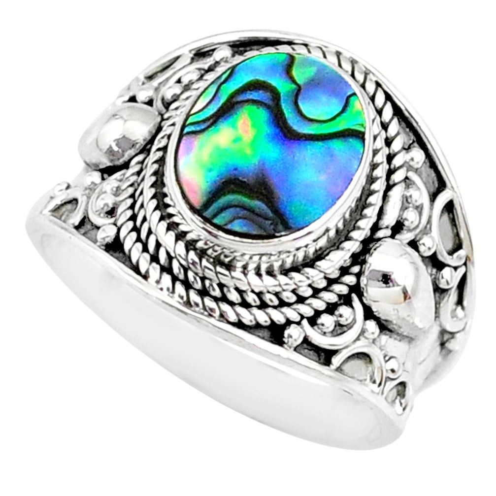 3.09cts natural abalone paua seashell 925 silver solitaire ring size 7.5 r74694
