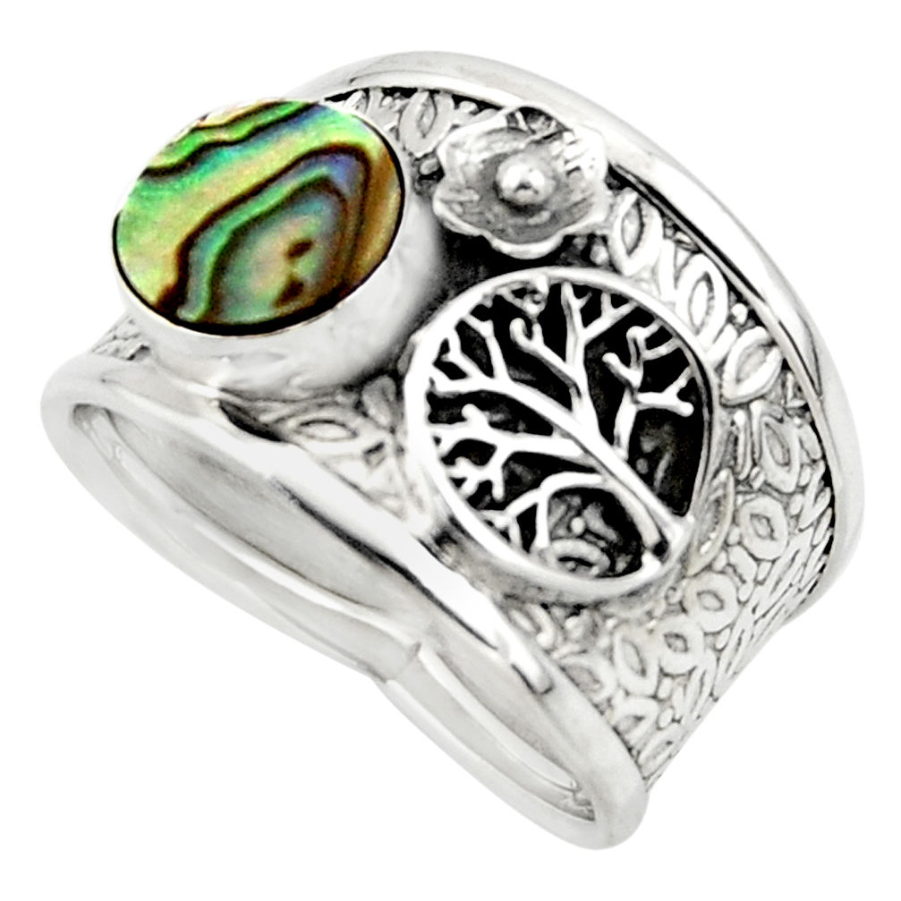 2.63cts natural abalone paua seashell silver tree of life ring size 7.5 r49895