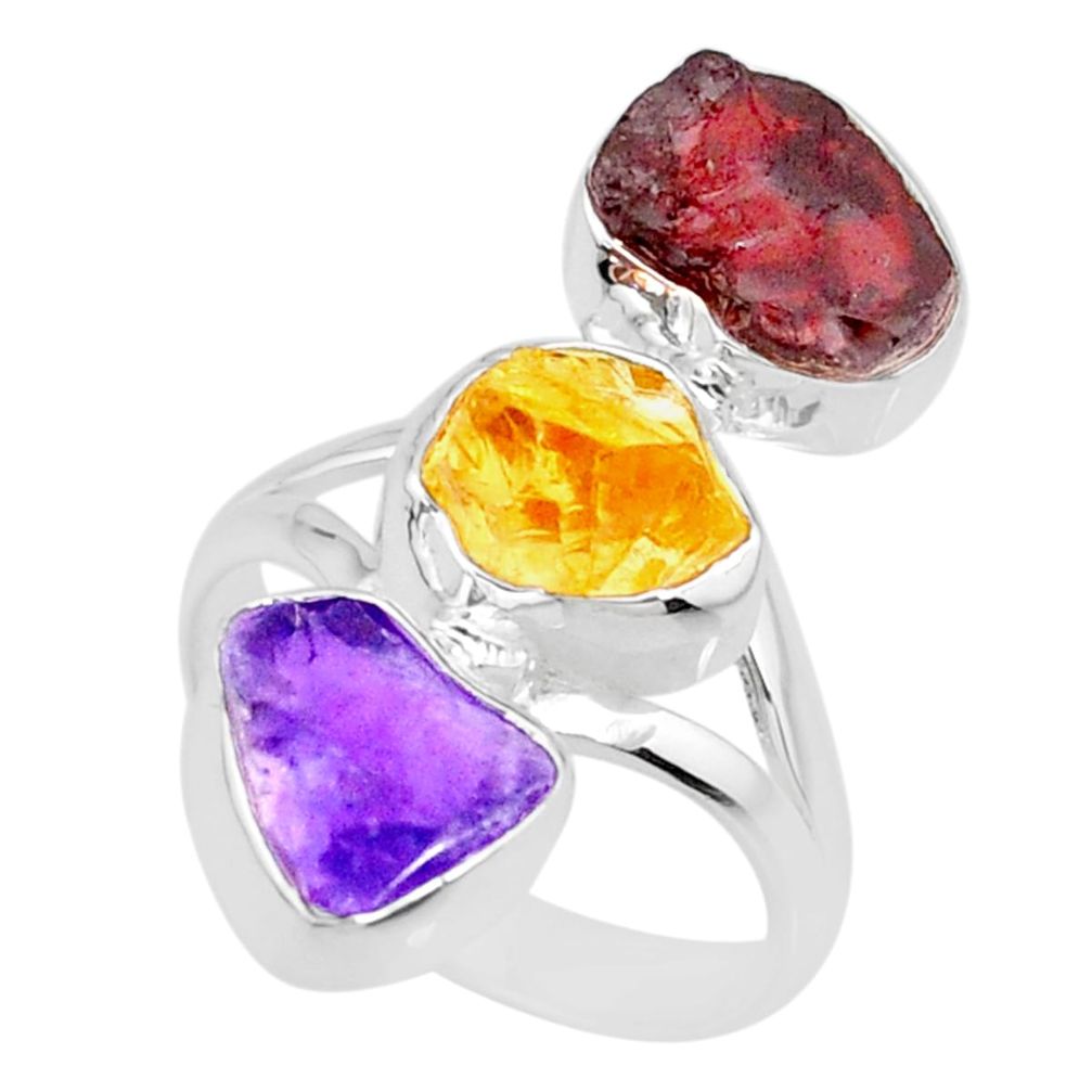 13.27cts natural amethyst garnet citrine raw 925 silver ring size 7 r73823