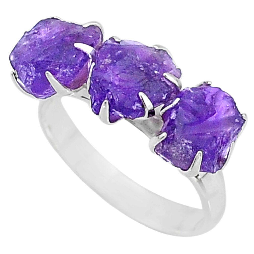 9.86cts natural amethyst raw 925 sterling silver 3 stone ring size 8.5 t7140