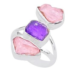 13.41cts natural amethyst raw rose quartz rough silver ring size 7 t37796