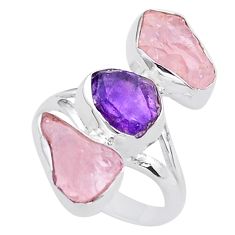14.01cts natural amethyst raw rose quartz rough silver ring size 8 t37783