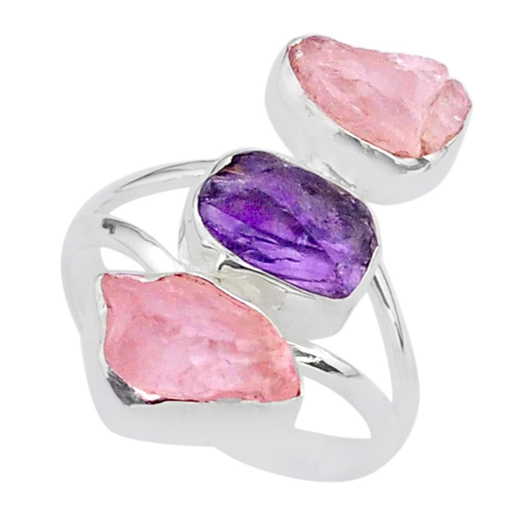 13.09cts natural amethyst raw rose quartz rough silver ring size 9 t37785