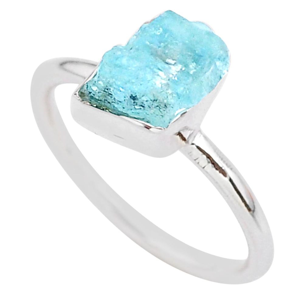 4.18cts natural aqua aquamarine raw 925 silver solitaire ring size 8 t25411