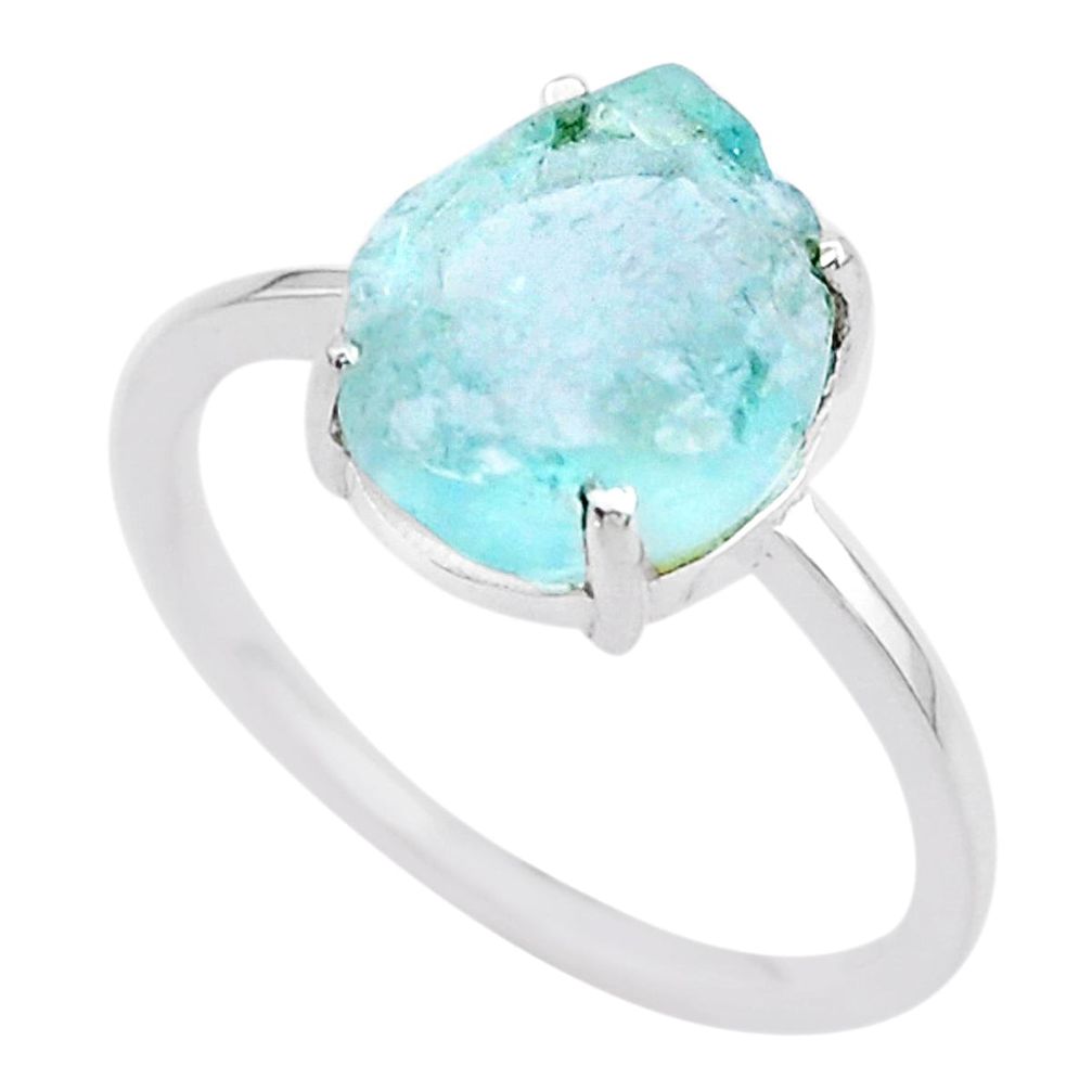 4.29cts natural aqua aquamarine raw 925 silver solitaire ring size 9 t25698