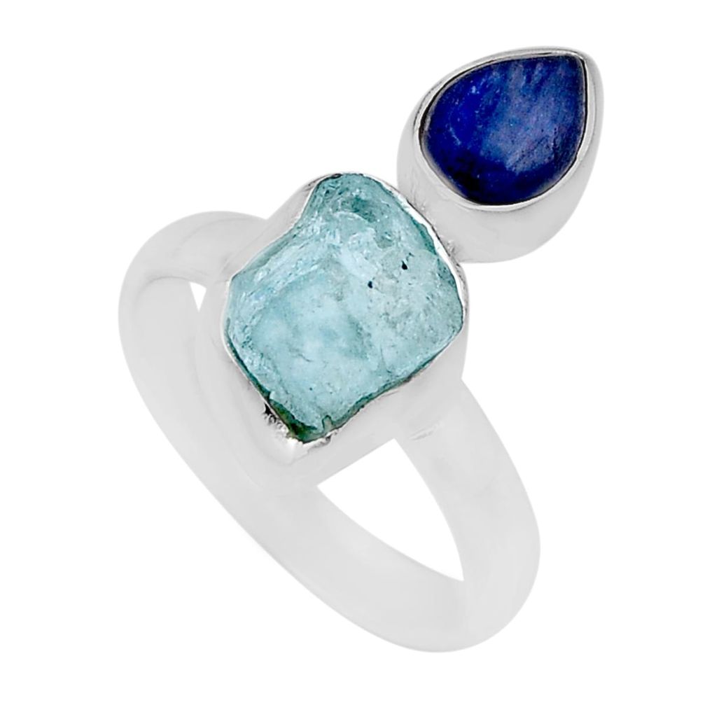 6.05cts natural aqua aquamarine rough fancy kyanite silver ring size 8 n28542