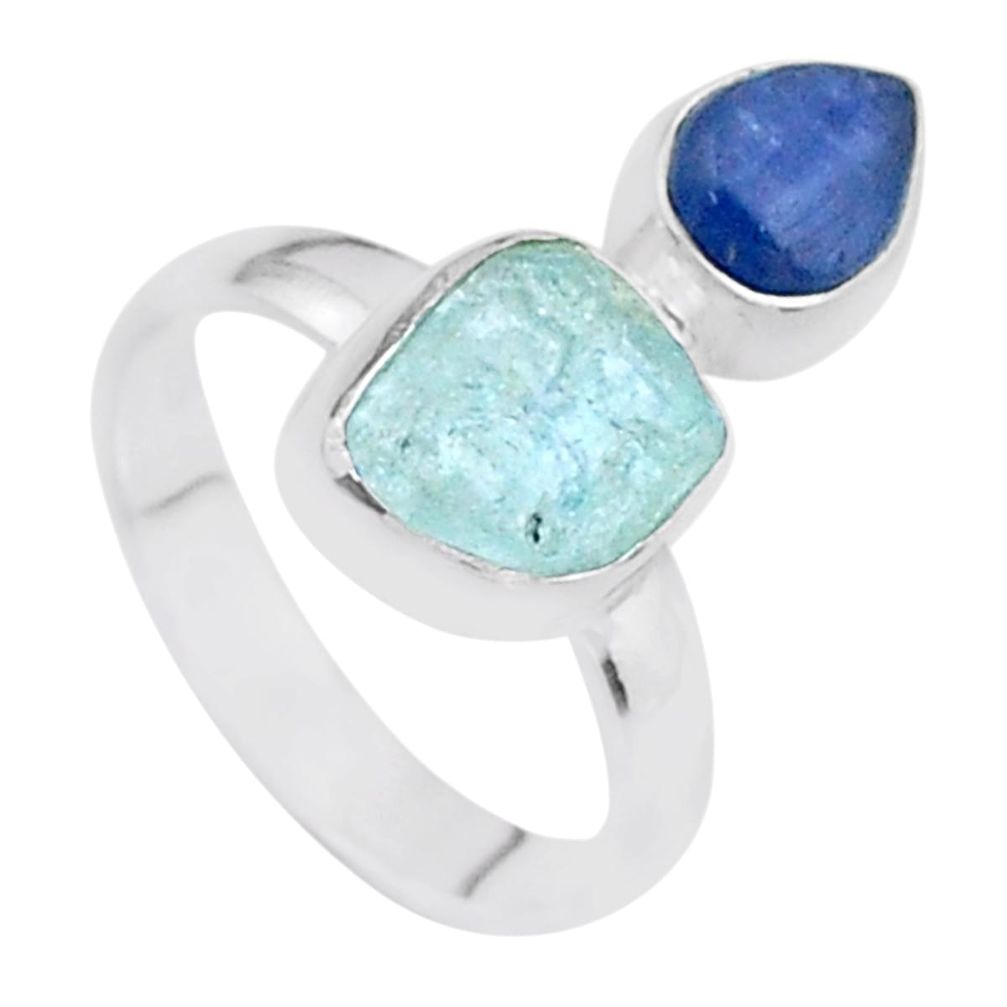 7.65cts natural aqua aquamarine raw kyanite 925 silver ring size 7 t48955