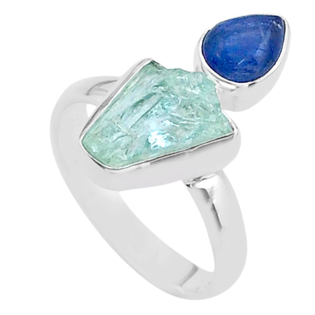 7.62cts natural aqua aquamarine raw kyanite 925 silver ring size 9 t48944