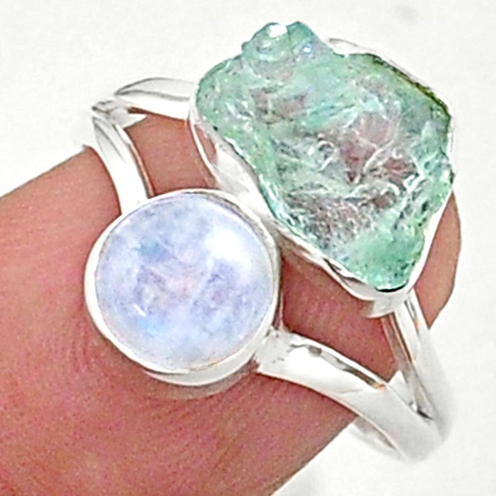 8.73cts natural aqua aquamarine raw moonstone 925 silver ring size 8 t38136