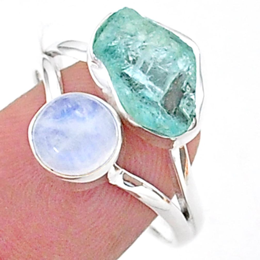 9.61cts natural aqua aquamarine raw moonstone 925 silver ring size 9 t38120