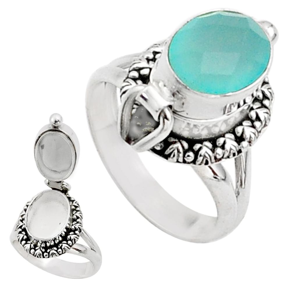 4.07cts natural aqua chalcedony oval 925 silver poison box ring size 7 t73032
