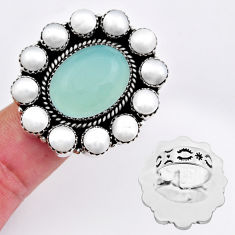 25.98cts natural aqua chalcedony pearl 925 sterling silver ring size 7.5 c30590