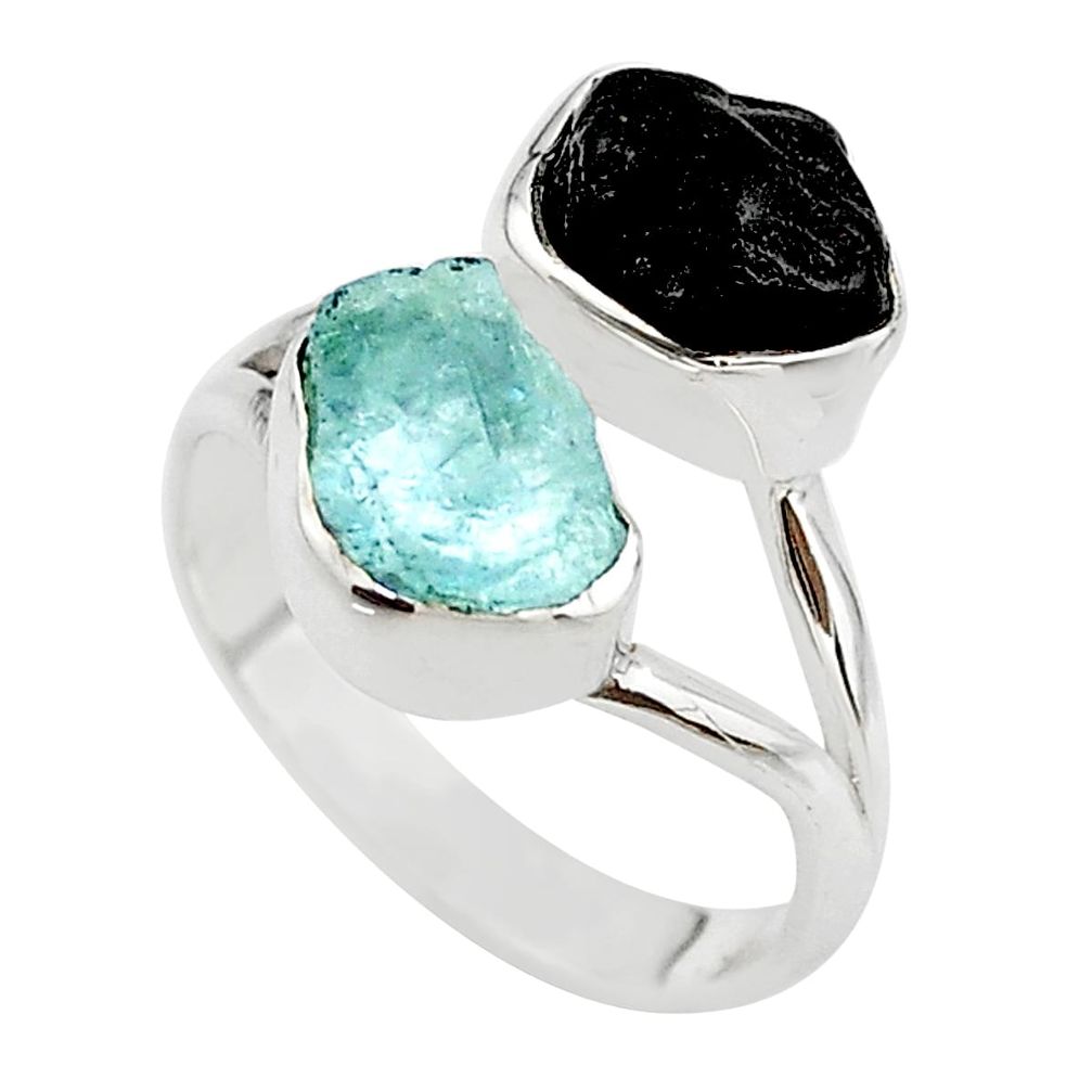 10.37cts natural aquamarine black tourmaline raw silver ring size 8 t21018