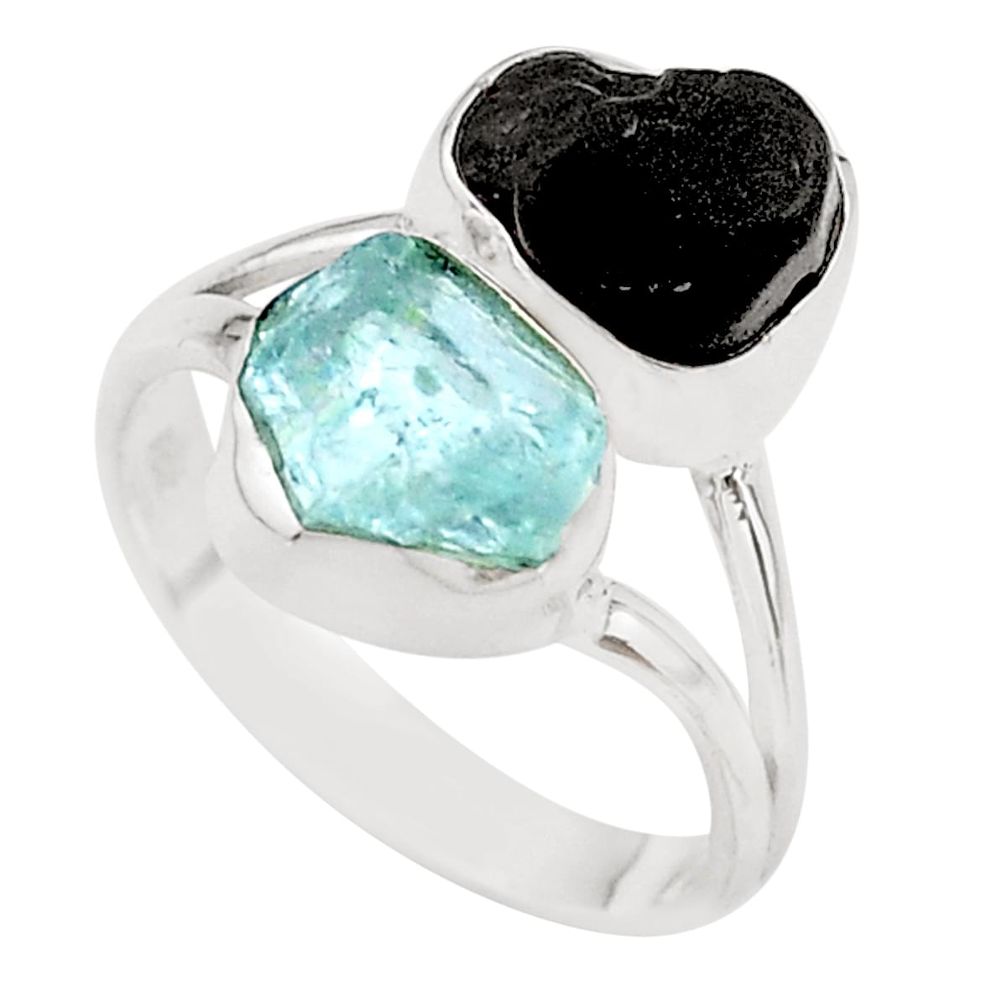 10.78cts natural aquamarine black tourmaline raw silver ring size 8 t21019