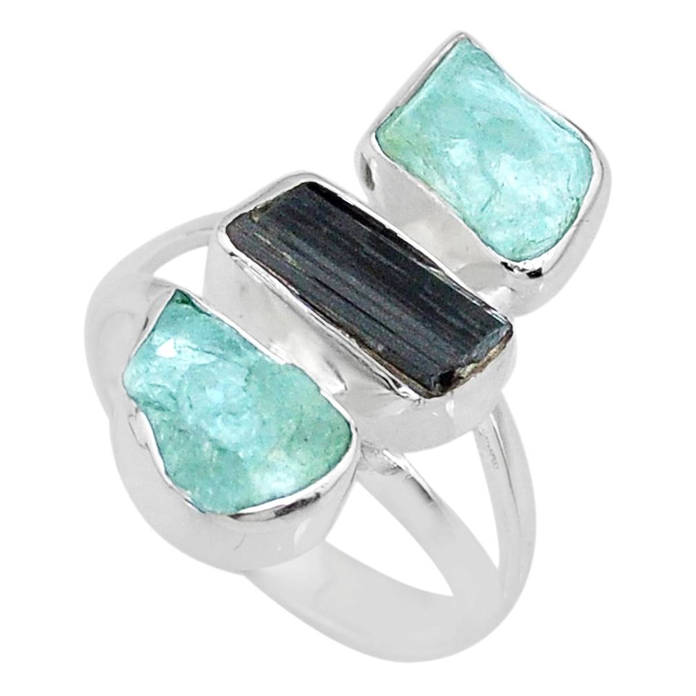 11.07cts natural aquamarine raw tourmaline rough silver ring size 7.5 r73785