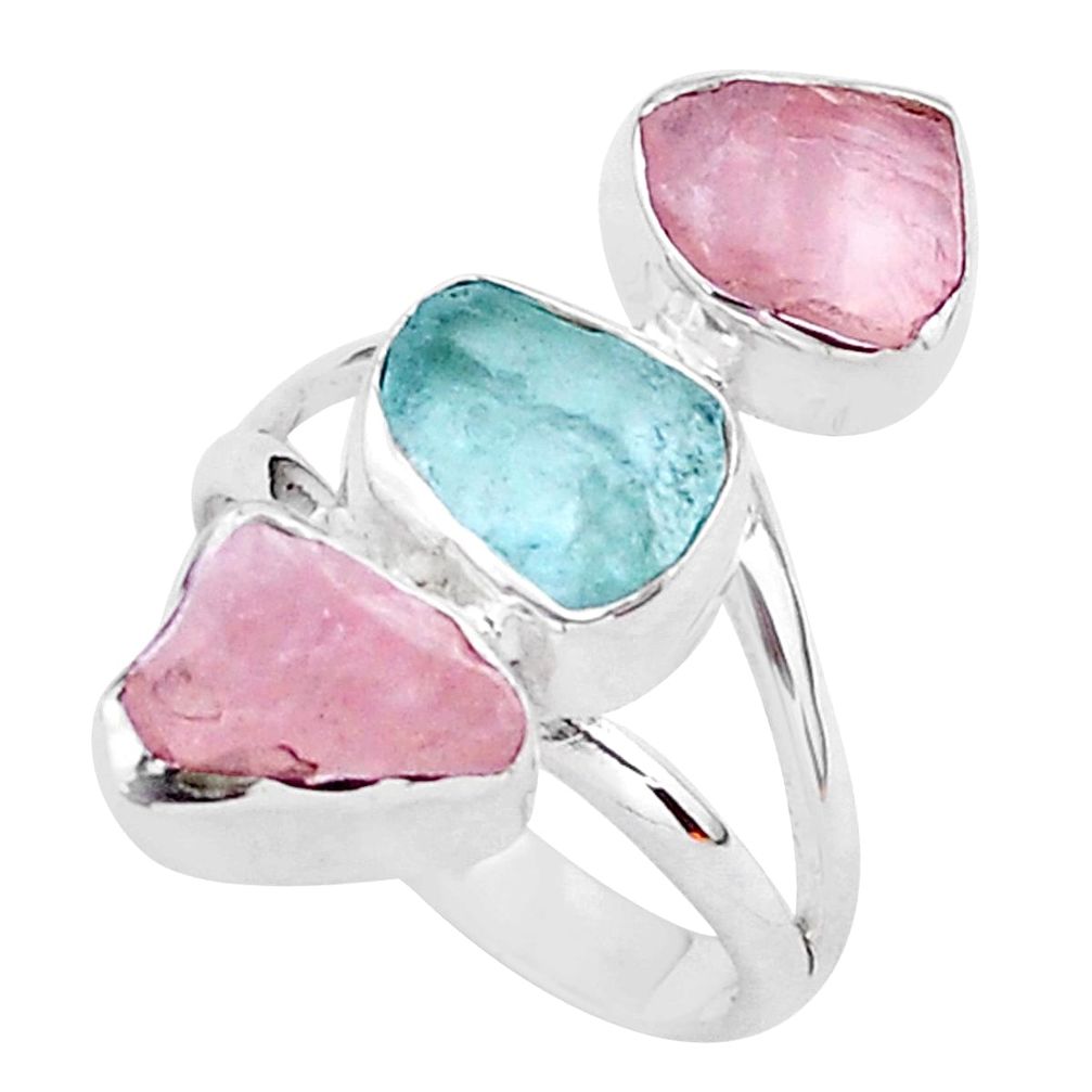 13.04cts natural aquamarine raw rose quartz rough silver ring size 7 t37743