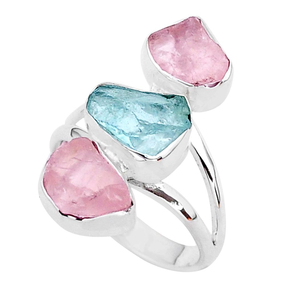 12.93cts natural aquamarine raw rose quartz rough silver ring size 8 t37742