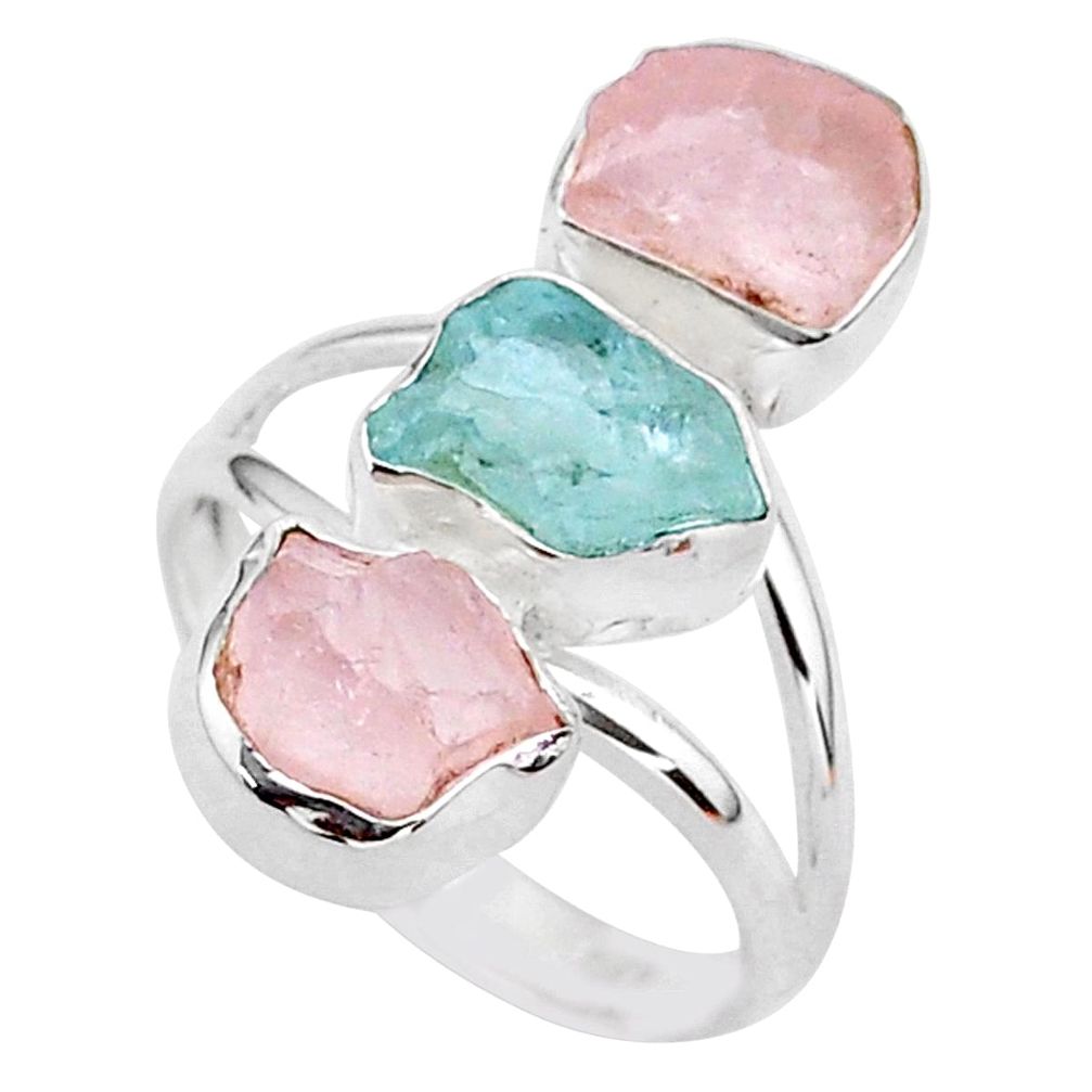 12.90cts natural aquamarine raw rose quartz rough silver ring size 8 t37752