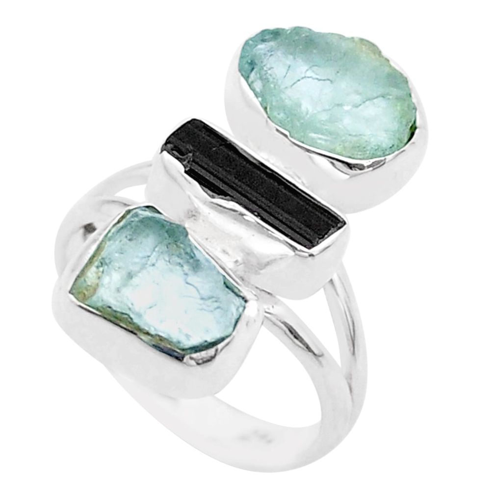 12.96cts natural aquamarine rough tourmaline rough silver ring size 7 t61912