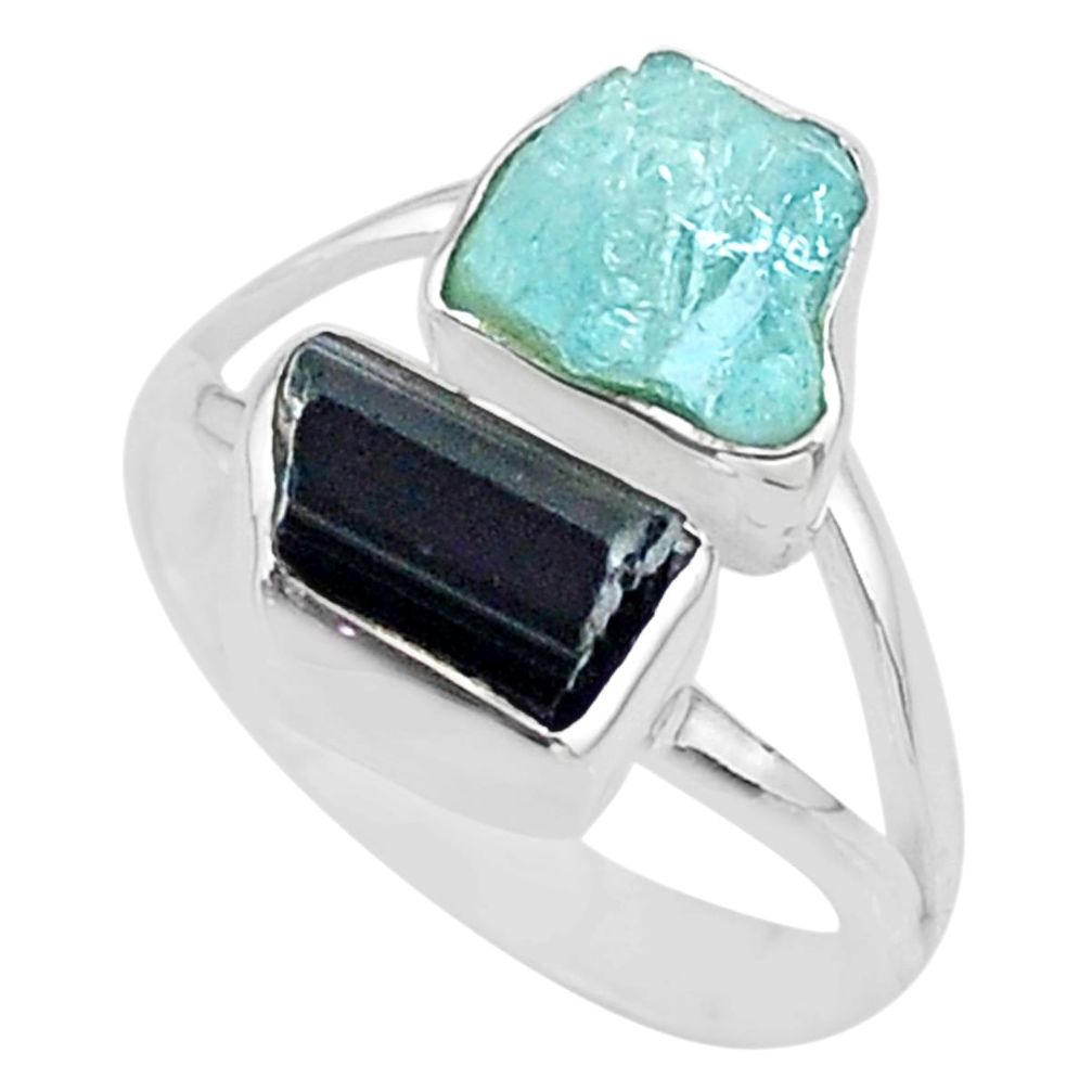 9.25cts natural aquamarine rough tourmaline rough silver ring size 7.5 t36774