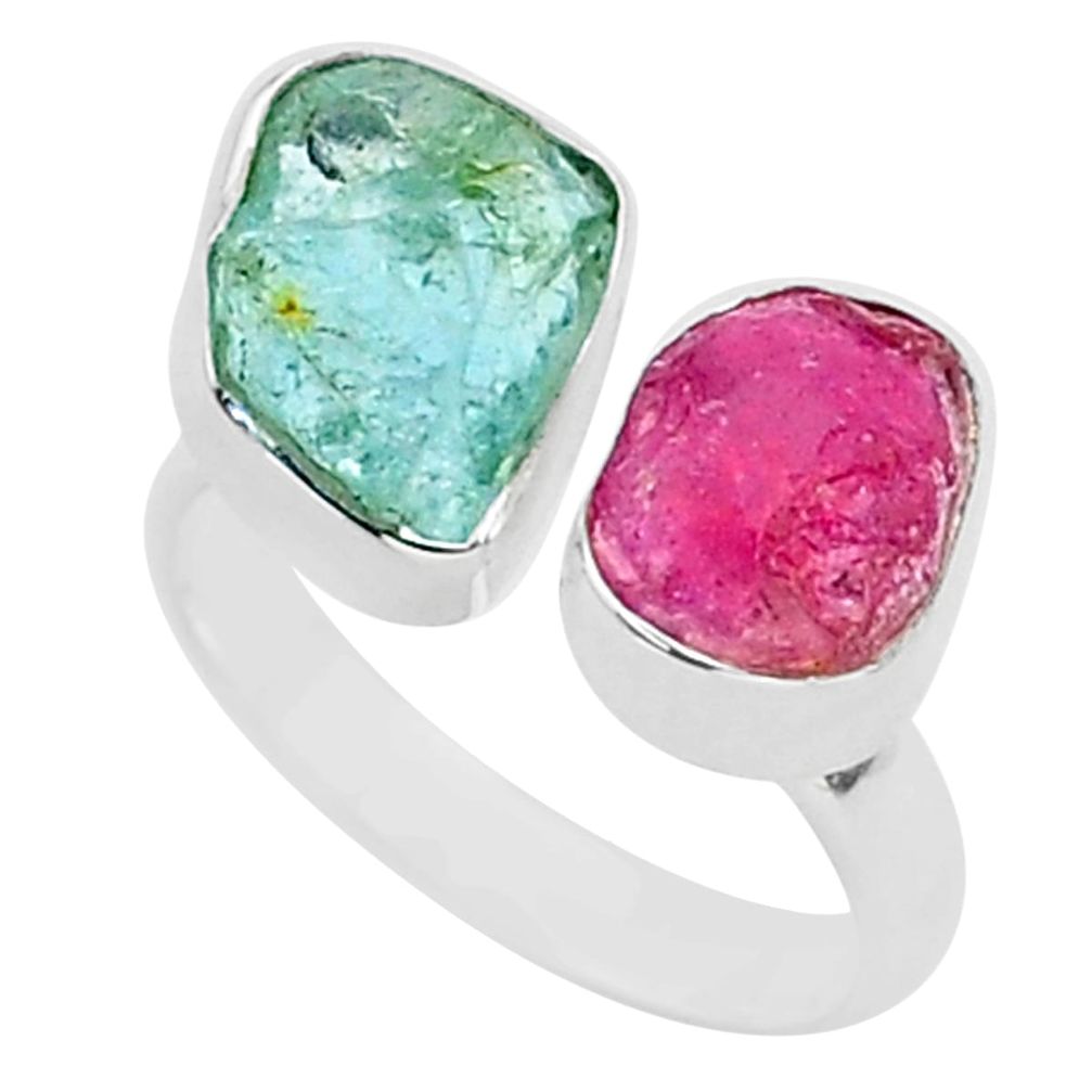 9.29cts natural aquamarine ruby raw silver adjustable ring size 7.5 t35203