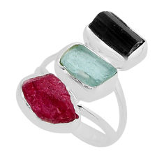 11.08cts natural aquamarine tourmaline ruby rough silver ring size 5.5 y94826