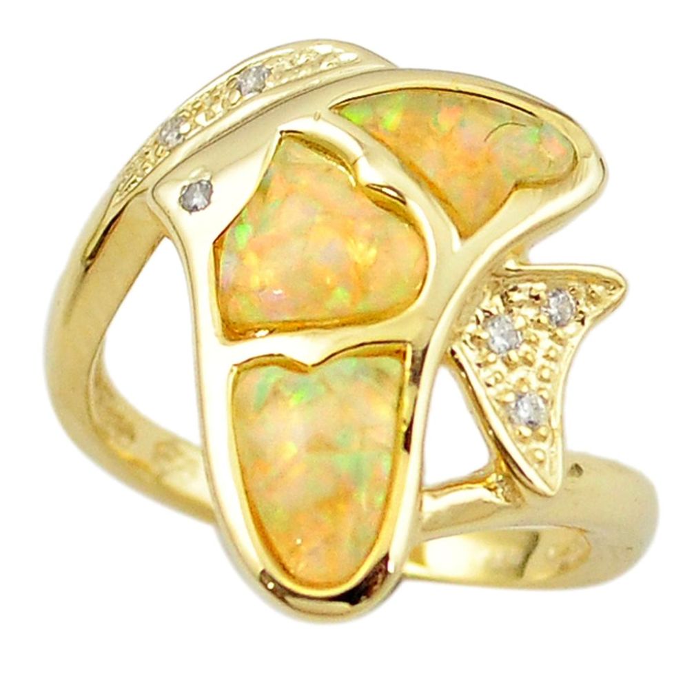 Natural australian opal (lab) 925 silver 14k gold fish ring size 7 a61122 c15139
