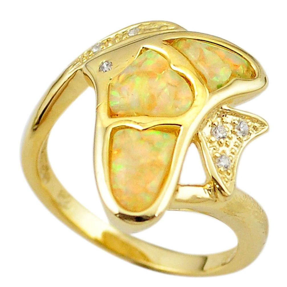 Natural australian opal (lab) 925 silver gold fish ring size 8.5 a61125 c15130
