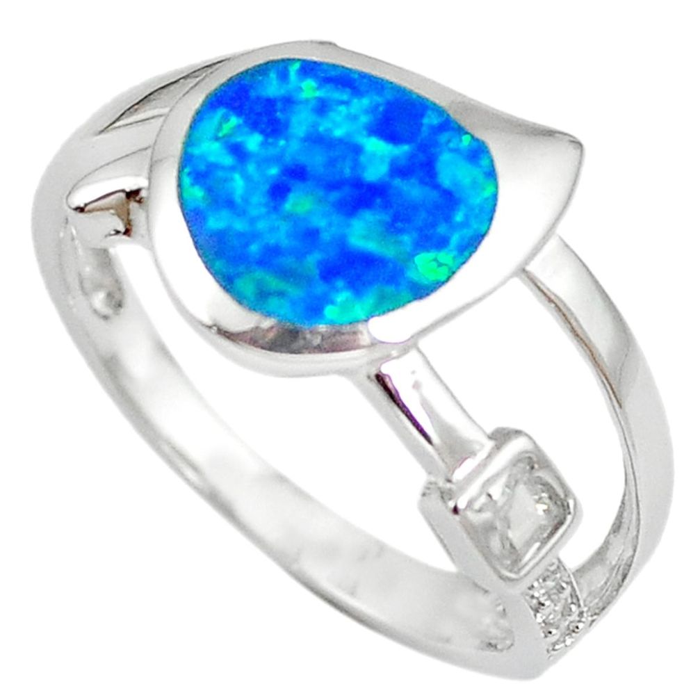 Natural blue australian opal (lab) white topaz 925 silver ring size 8.5 c15859