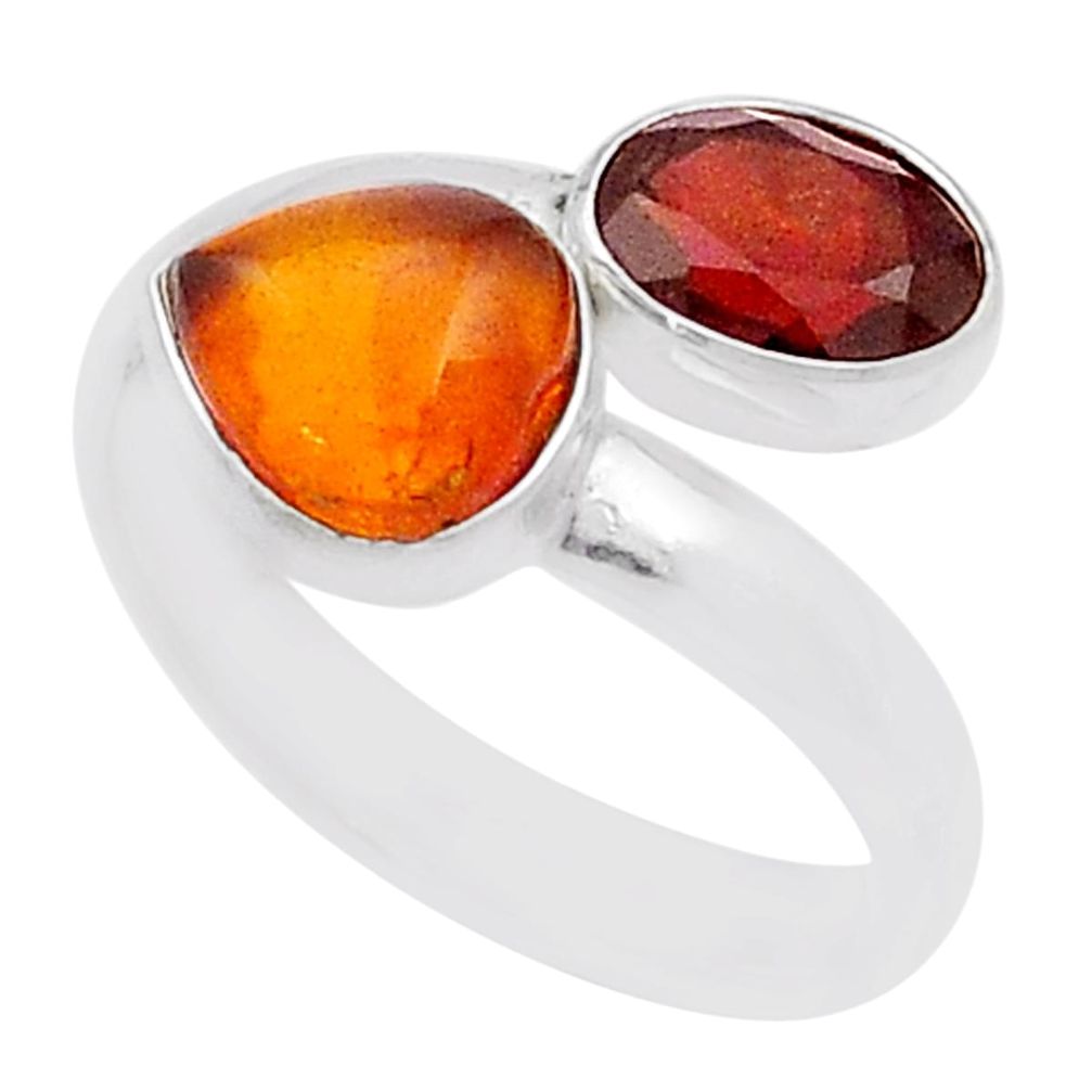 3.65cts natural baltic amber red garnet 925 silver adjustable ring size 9 u54752