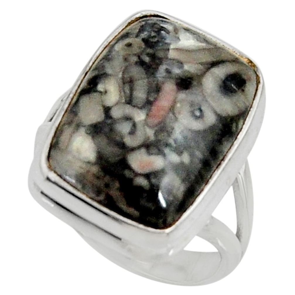 13.77cts natural black crinoid fossil 925 silver solitaire ring size 7 r28222