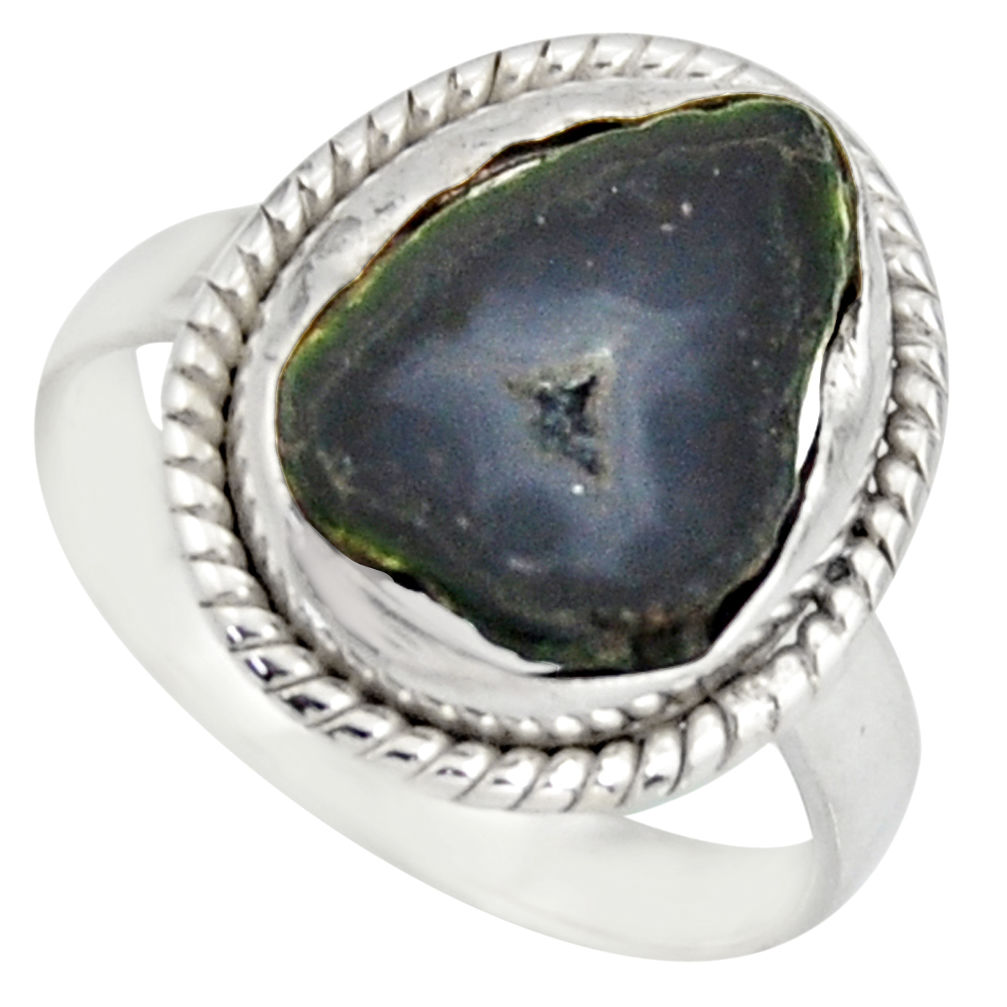 6.84cts natural black geode druzy 925 silver solitaire ring size 7.5 d46492