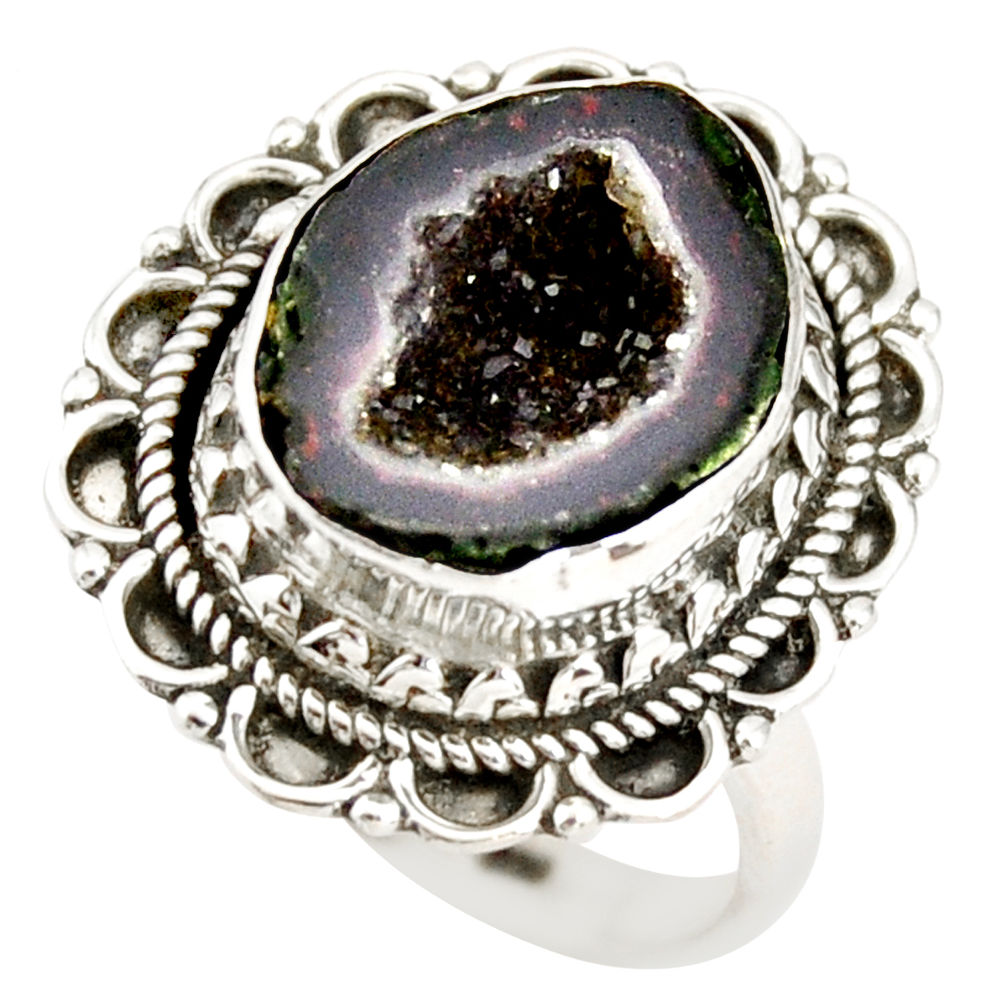 8.24cts natural black geode druzy 925 silver solitaire ring size 8.5 r21390