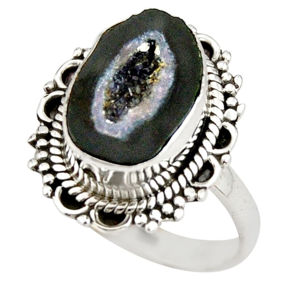 6.82cts natural black geode druzy 925 silver solitaire ring size 8.5 r21398