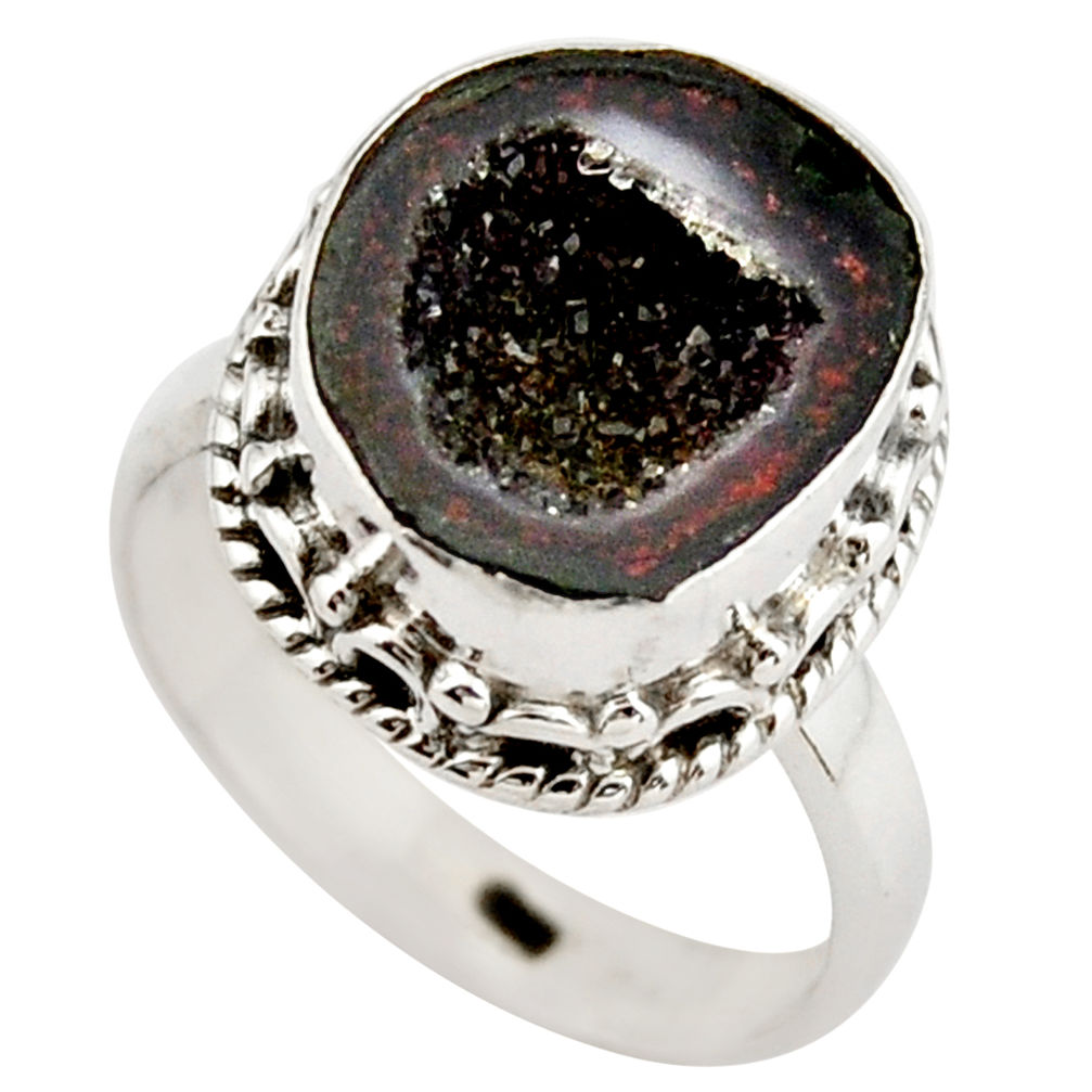 6.53cts natural black geode druzy 925 silver solitaire ring size 7 r21408