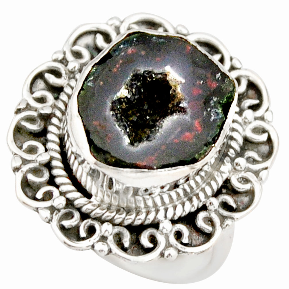 8.42cts natural black geode druzy 925 silver solitaire ring size 7 r21414