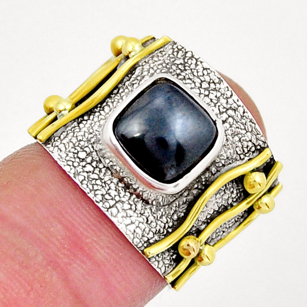 3.05cts natural black hematite cushion sterling silver gold ring size 6 y19075