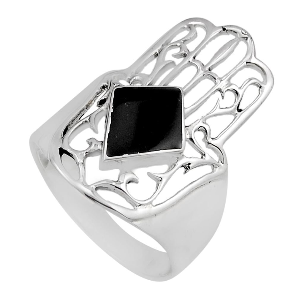 4.08gms natural black onyx 925 silver hand of god hamsa ring size 8.5 y83222