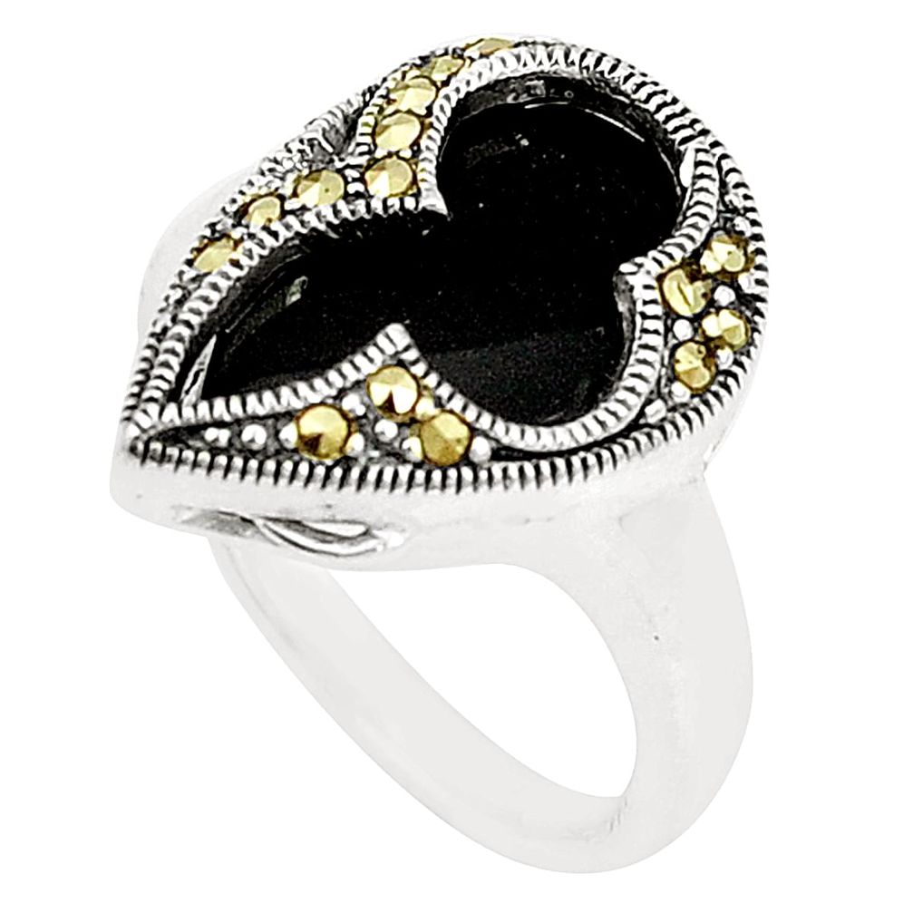 Natural black onyx marcasite 925 sterling silver ring size 6 c17617
