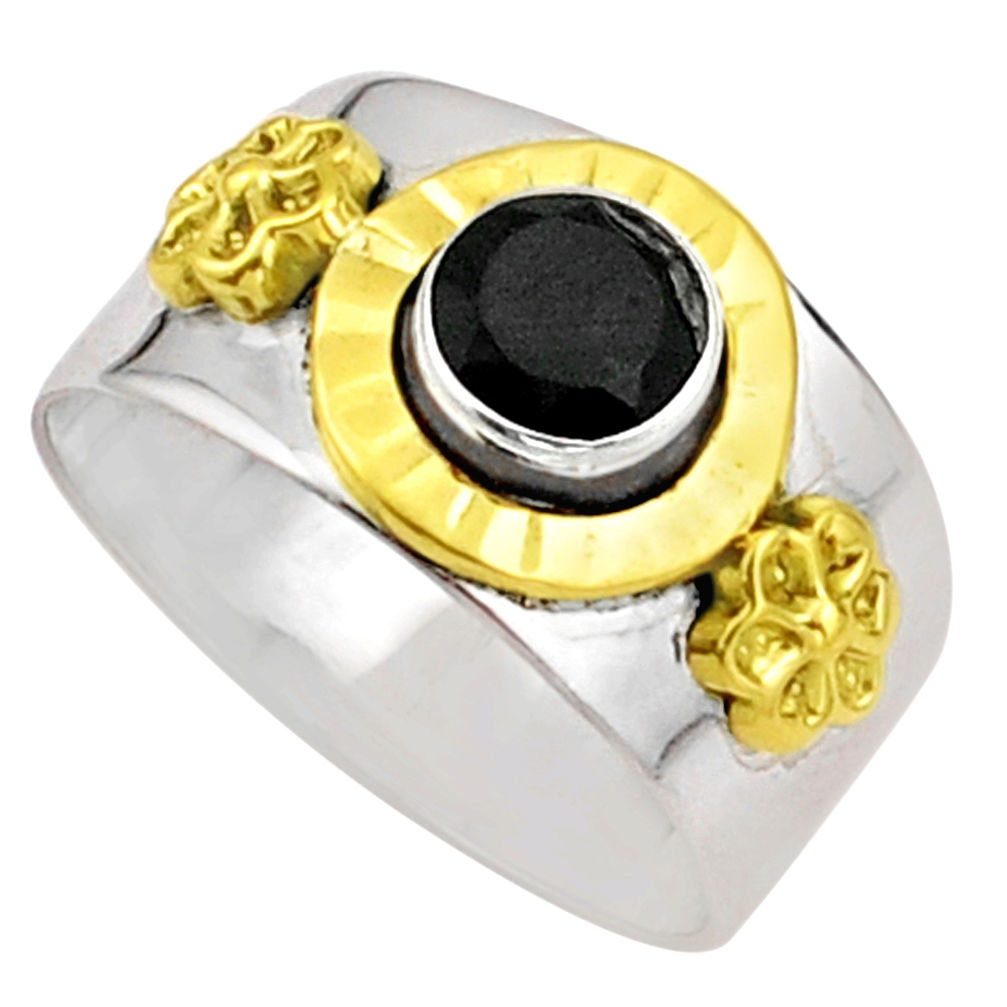 0.97cts natural black onyx round 925 sterling silver gold ring size 7 u88065