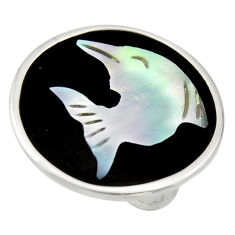 LAB 11.74cts natural black opal cameo on onyx 925 silver dolphin ring size 7.5 c9801