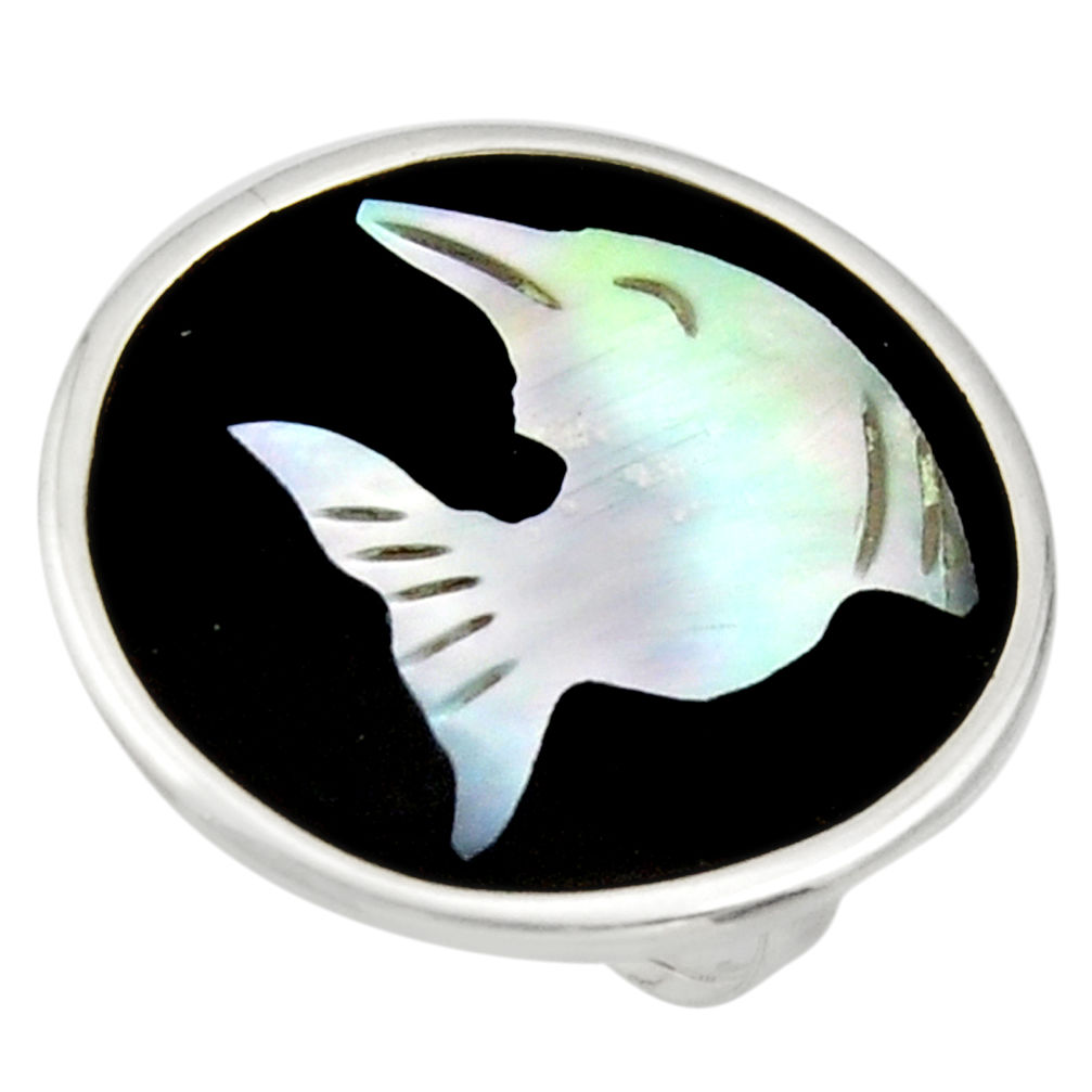 LAB 11.73cts natural black opal cameo on onyx 925 silver dolphin ring size 5.5 c9802