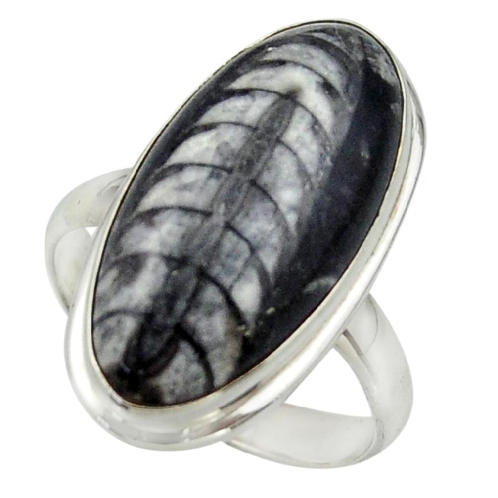 14.93cts natural black orthoceras 925 sterling silver ring size 8.5 r42640