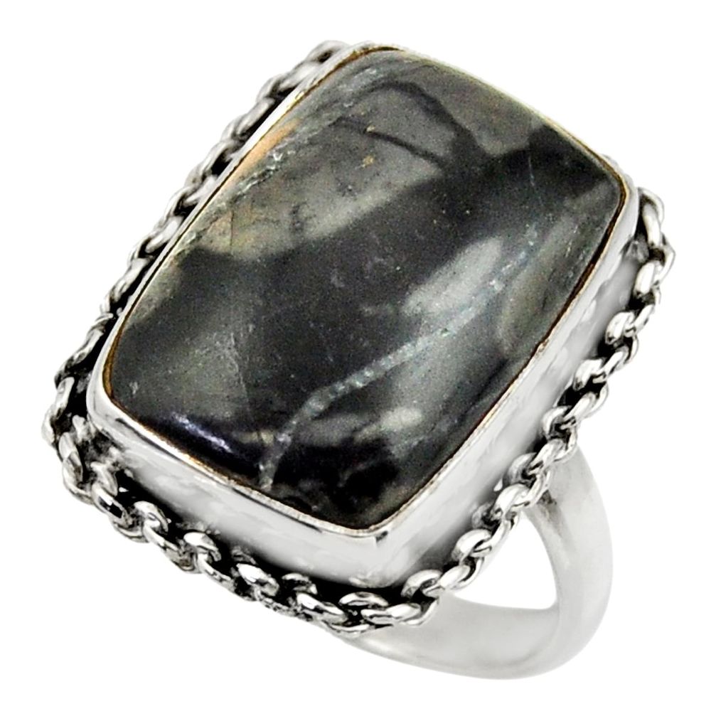 13.34cts natural black picasso jasper 925 silver solitaire ring size 8.5 r28421