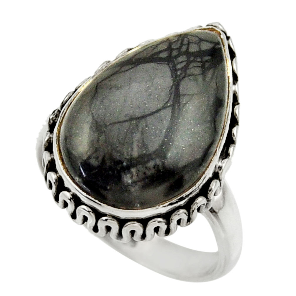 13.31cts natural black picasso jasper 925 silver solitaire ring size 7.5 r28427