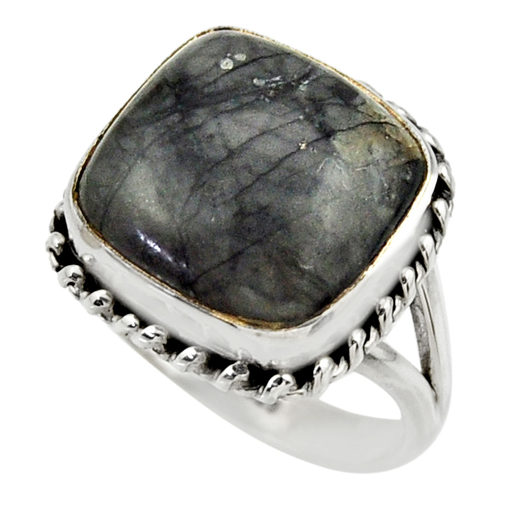 12.56cts natural black picasso jasper 925 silver solitaire ring size 8.5 r28430