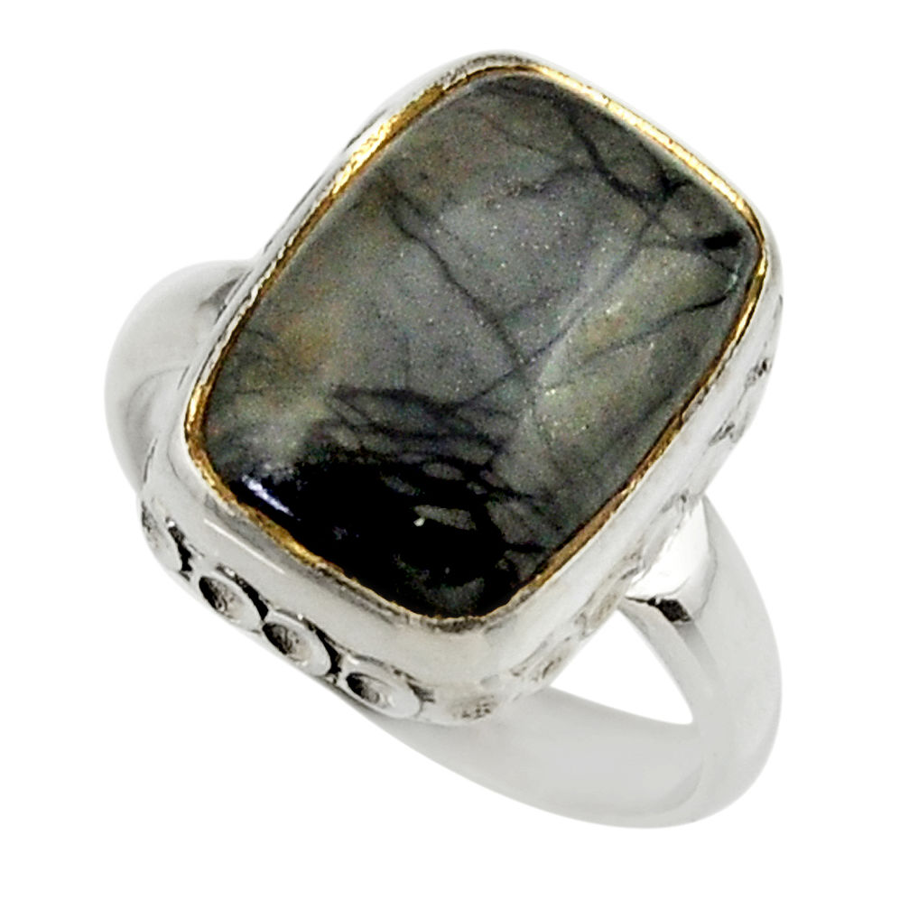 6.95cts natural black picasso jasper 925 silver solitaire ring size 6.5 r28438