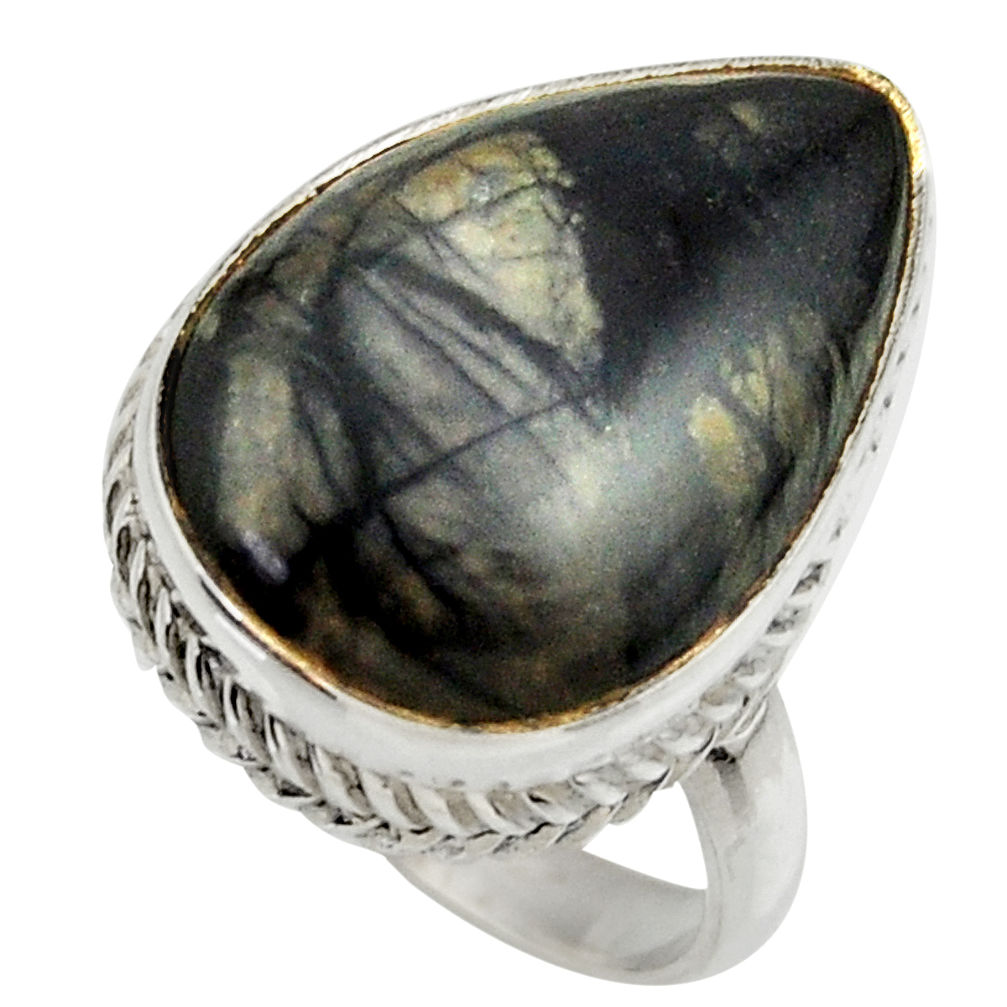 15.77cts natural black picasso jasper 925 silver solitaire ring size 8.5 r28646