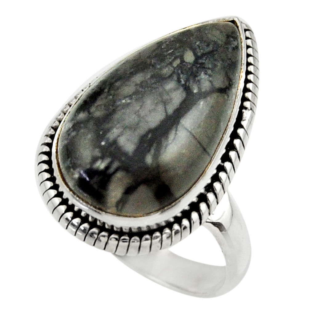 14.70cts natural black picasso jasper 925 silver solitaire ring size 9 r28431